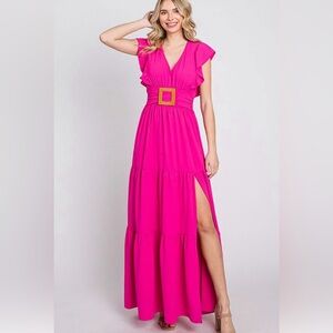 Geegee Pink Tiered Maxi Dress with Flutter Sleeves and Faux Ratan Belt Size XL